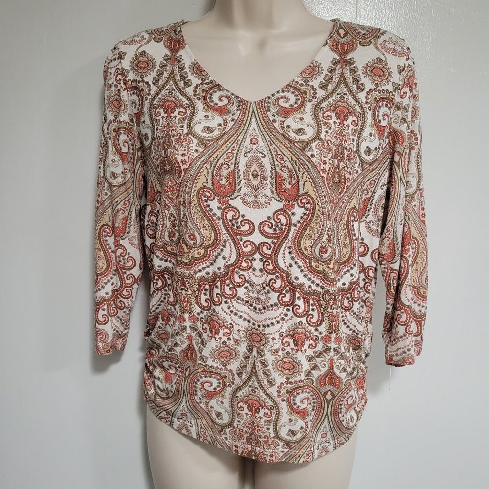 Chico's Size 0 (S) Ivory Red Brown Bold Paisley V-neck 3/4 Sleeve Soft Knit Top
